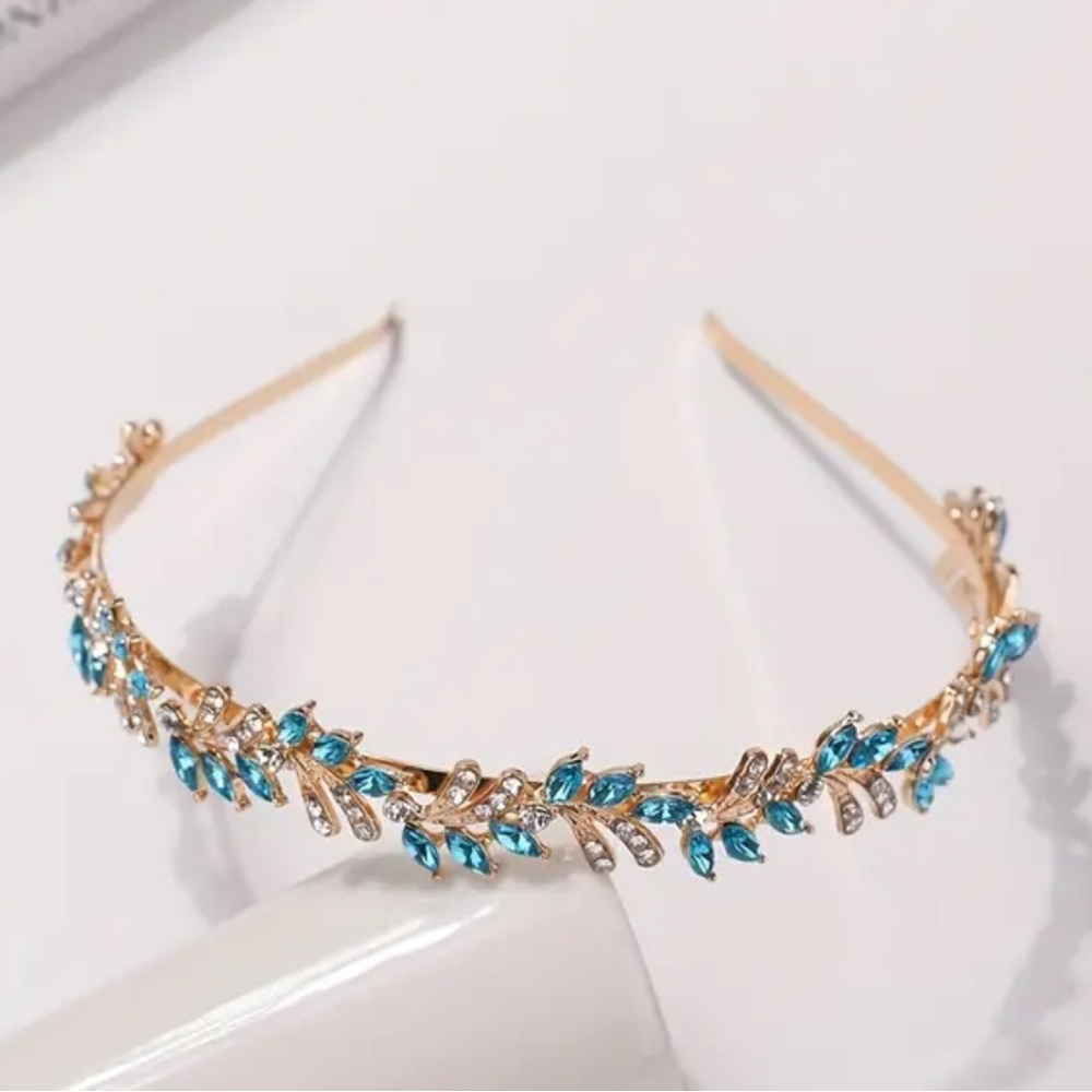 Aqua Blue Crystal Leaf Headband Gold French Laurel Style Wedding Prom New